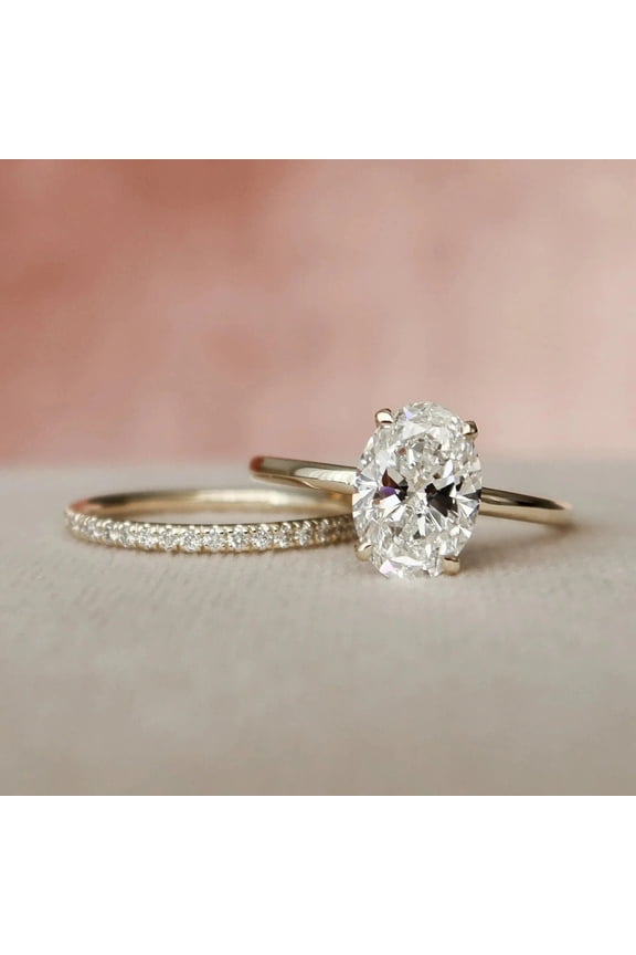 Bluebelljewels Oval Cut CZ Bridal Ring Set, Hidden Halo Wedding Set, Solid 14K Yellow Gold Finish Engagement Ring Set