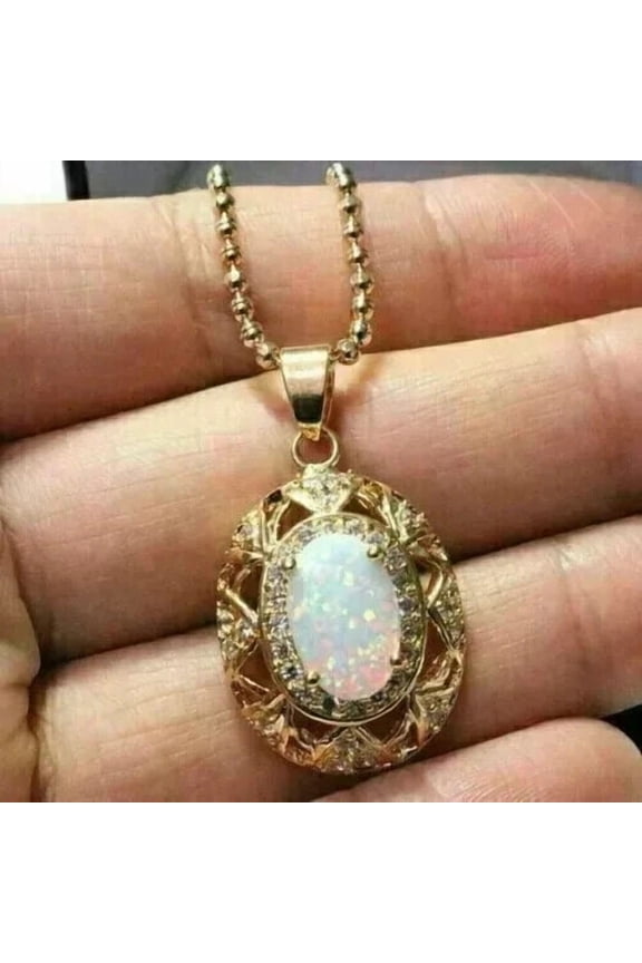 Bluebelljewels Oval Cut Lab Created Fire Opal Halo Women's Pendant 14K Yellow Gold Finish