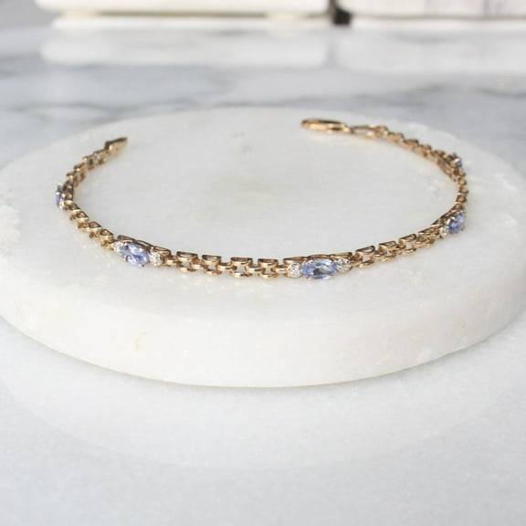 Bluebelljewels Oval Cut Lab Created Tanzanite 14K Yellow Gold Finish Silver Women's Tennis Bracelet