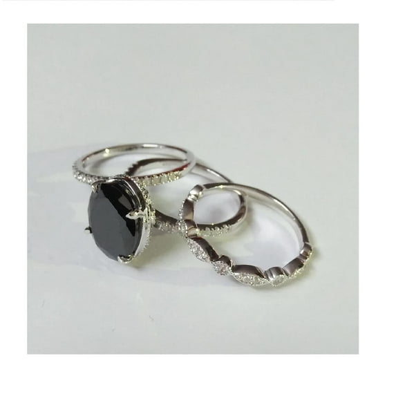 Bluebelljewels Oval Shape Bridal Ring Set, 14K White Gold Plated Fashion Ring For Her, For Women, Black Diamond Wedding Ring Set