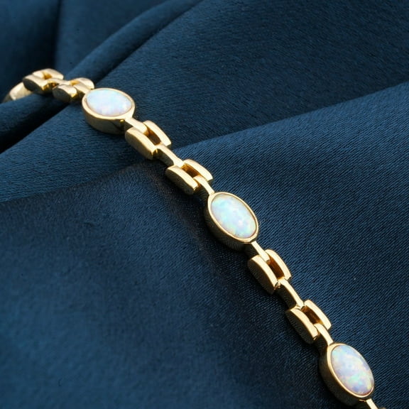 Bluebelljewels Pretty Oval Cut Lab Created Fire Opal 14K Yellow Gold Finish Women's Tennis Bracelet
