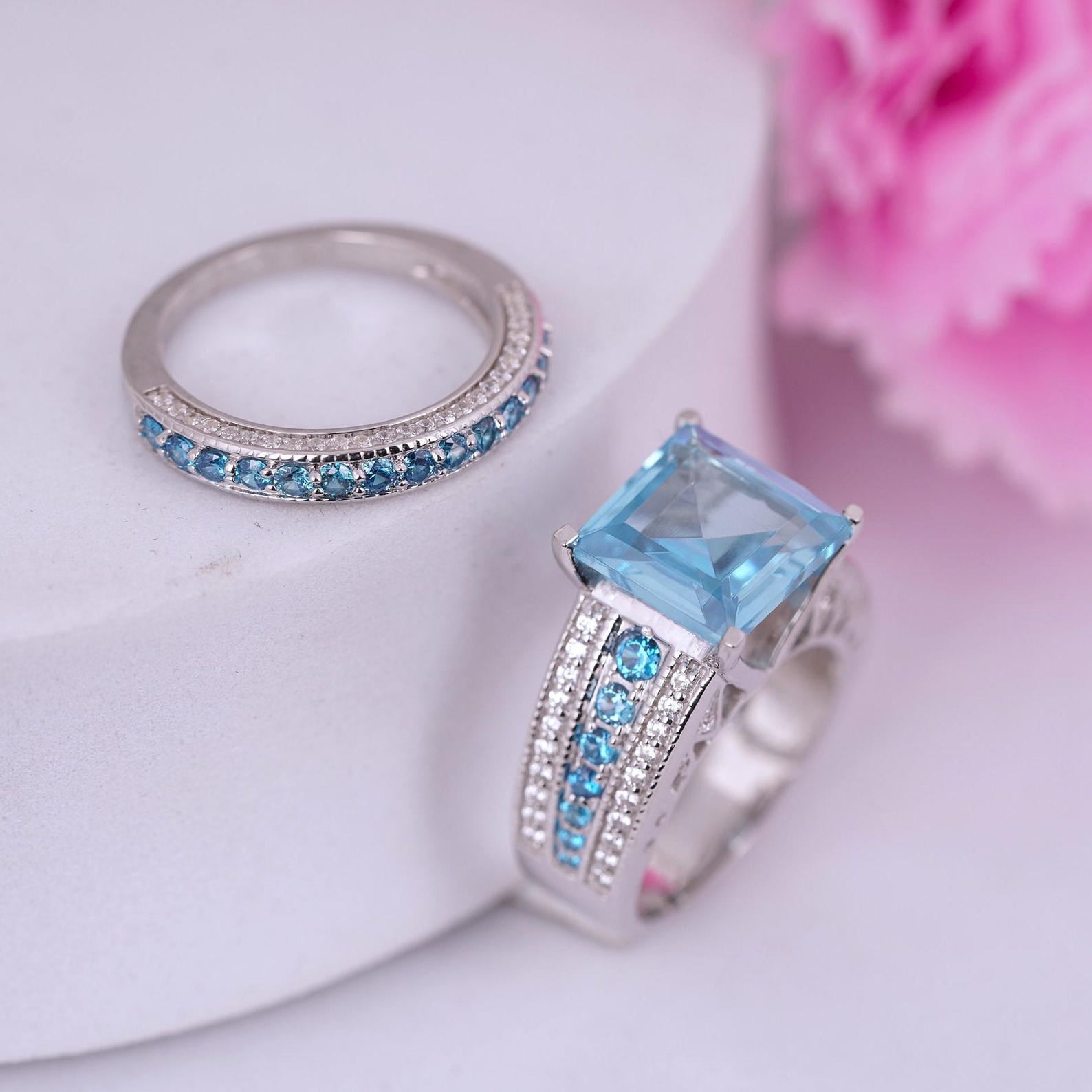 Bluebelljewels Princess Cut Blue Cubic Zirconia 14K White Gold Finish ...