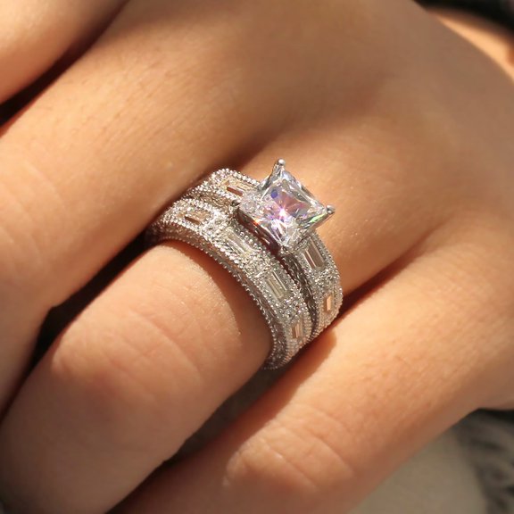 Bluebelljewels Princess Cut Cubic Zirconia Women's Unique Bridal Ring Set 14K White Gold Finish