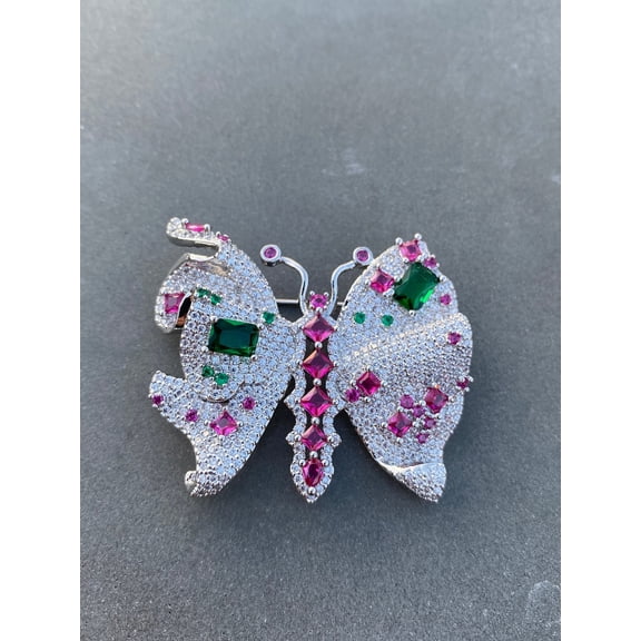 Bluebelljewels Princess Cut Pink CZ 14K White Gold Finish Butterfly Brooch Pin