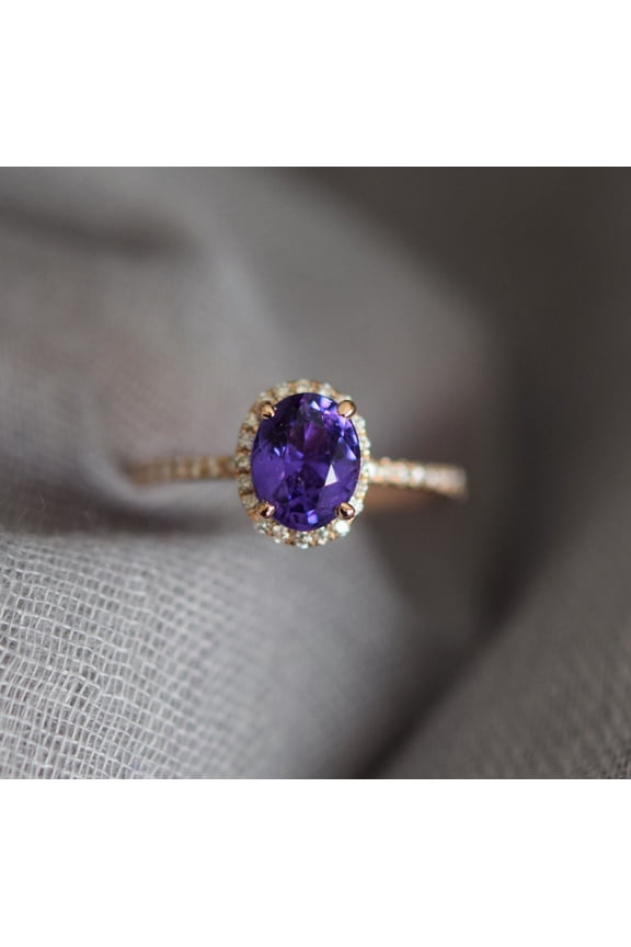 Bluebelljewels Propose Ring, Oval Cut Amethyst & Halo Diamond Wedding Ring, 14k Yellow Gold Plated Silver Engagement Ring For Women