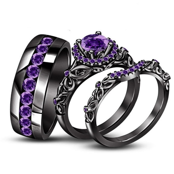 Bluebelljewels Purple Amethyst Trio Ring Set, Solid 14K Black Gold Plated Ring Set, His & Her Personalized Ring Set, 925 Sterling Silver , Wedding Gift