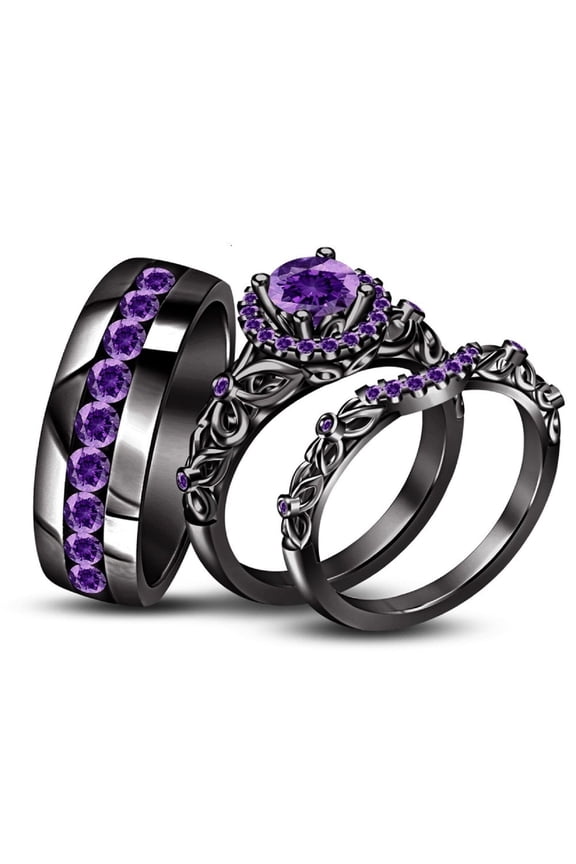 Purple CZ Trio Ring Set, 925 Sterling Black Gold-Plated, Personalized