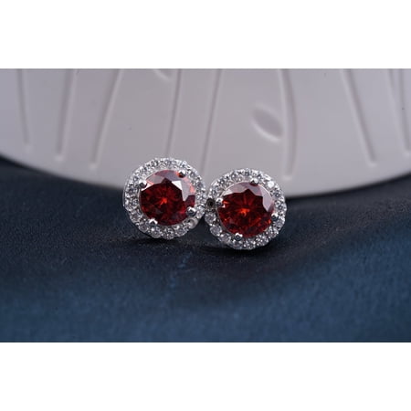 Bluebelljewels Red Garnet Stud Halo Diamond Earrings Gemstone Push Back Stud For Women's 14K White Gold Plated Silver
