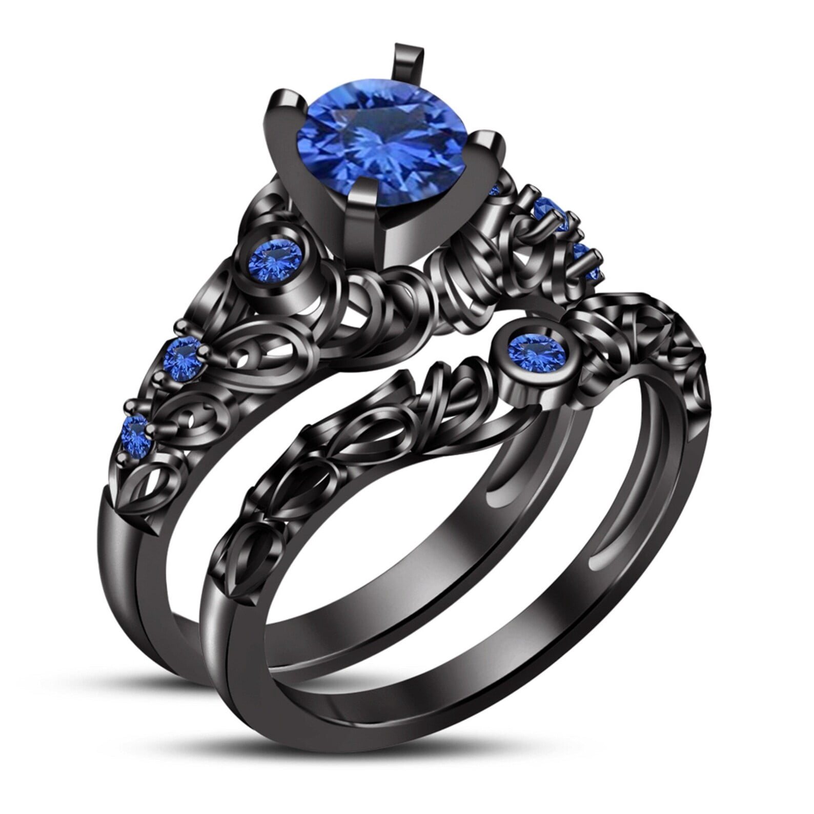 Bluebelljewels Round Cut Blue Cubic Zirconia 14K Black Gold Finish ...