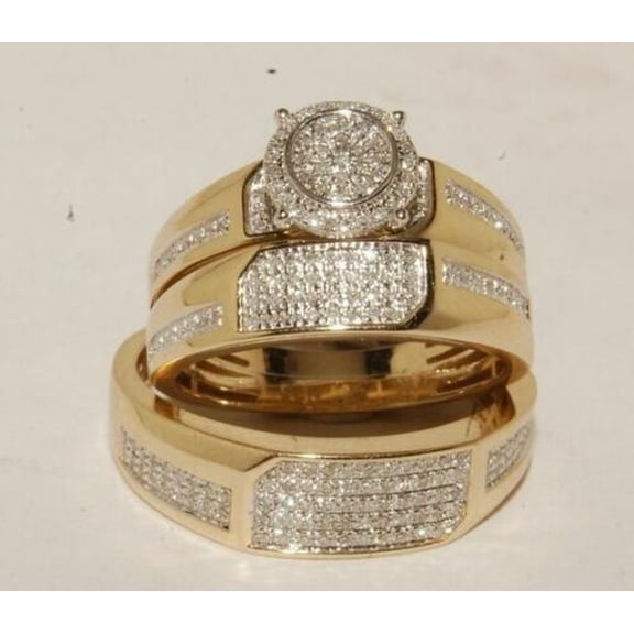 Bluebelljewels Round Cut Cubic Zirconia 14K Yellow Gold Finish Engagement Trio Ring Set