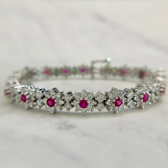 Bluebelljewels Round Cut Lab Created Ruby 14K White Gold Finish Silver Pretty Flower Tennis Bracelet