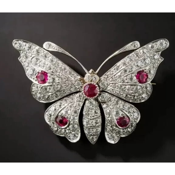 Bluebelljewels Round Cut Pink CZ Butterfly Brooch Pin 14K Yellow Gold Finish