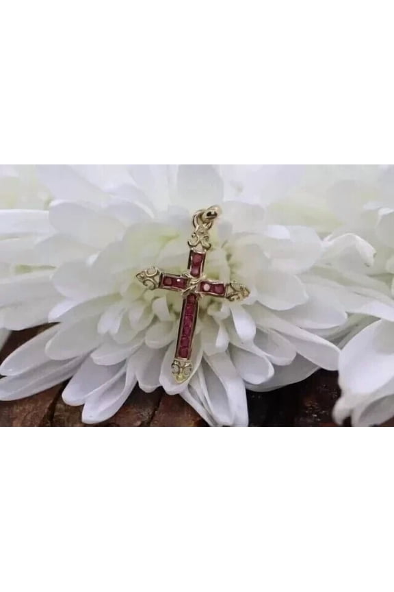 Bluebelljewels Round Cut Lab Created Ruby Cross Pendant Women's 14K Yellow Gold Finish
