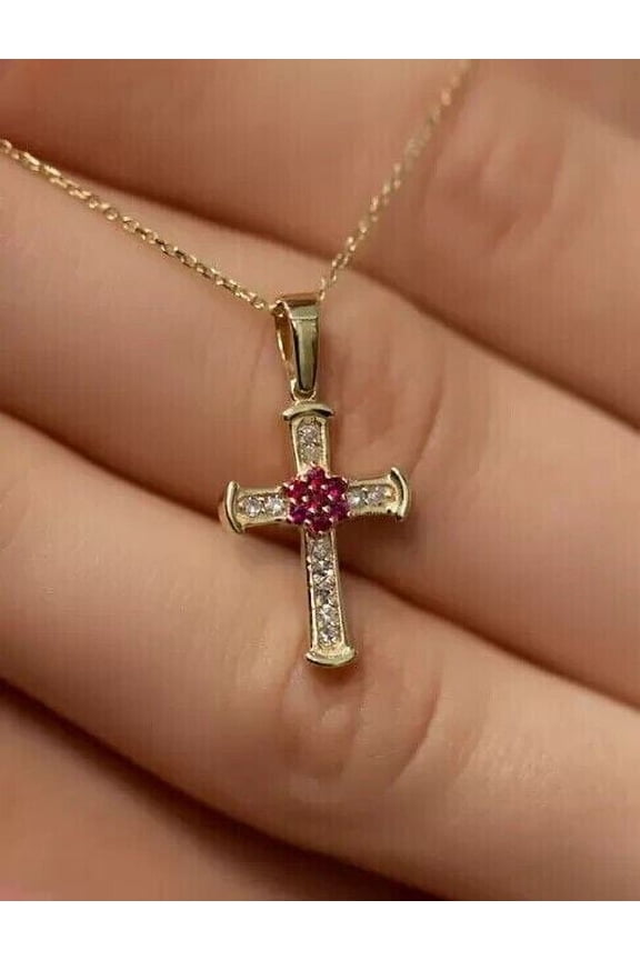 Bluebelljewels Round Cut Lab Created Ruby Cross Women's Pendant 14K Yellow Gold Finish