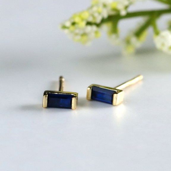 Bluebelljewels Sapphire Blue Baguette Stud Earring 14K Yellow Gold Plated Earrings Everyday