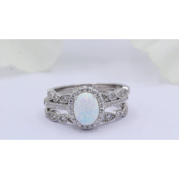 Bluebelljewels Three Piece Halo Oval Lab Created Opal Art Deco Wedding Engagement Ring Set Round 925 Sterling Silver Choose Your Band Color