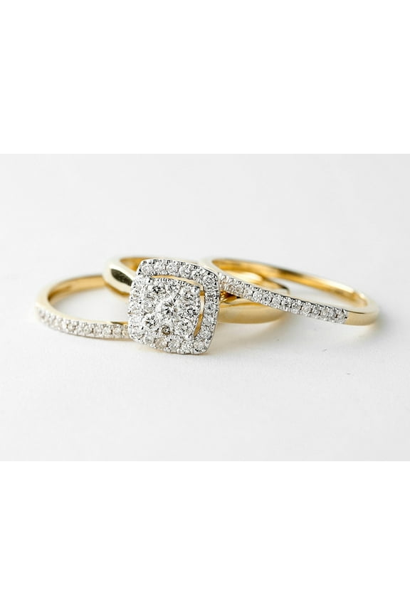 Bluebelljewels Trio CZ Engagement Ring Set 14K Yellow Gold Plated, Stacker Set, Square Solitaire, Wedding Band, Half Eternity