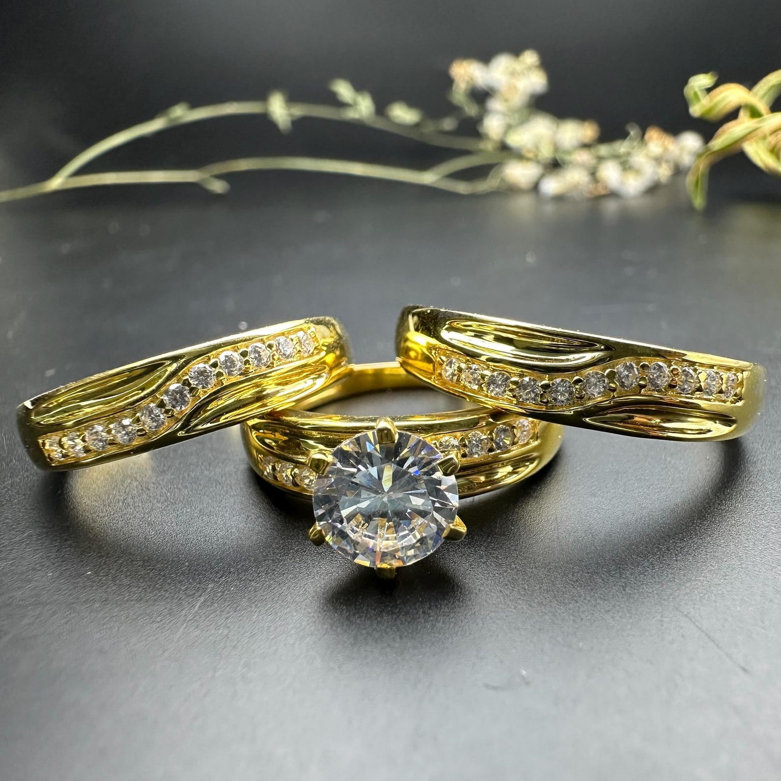 Bluebelljewels Trio Gold Ring Set, Band Ring Set, Cubic Zirconia ...