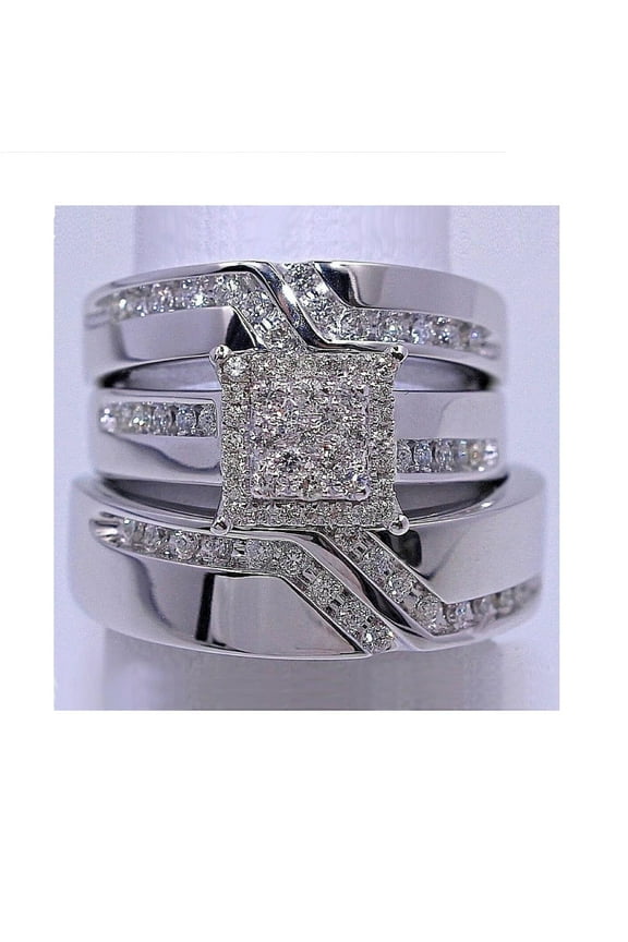 Wedding Trio Ring Set His & Her 14K White Gold Finish Round Cut Cubic Zirconia