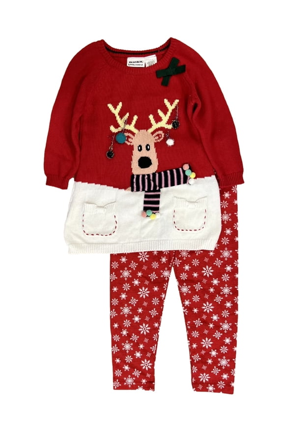 Girls Red Reindeer Christmas Sweater & Snowflake Leggings 4