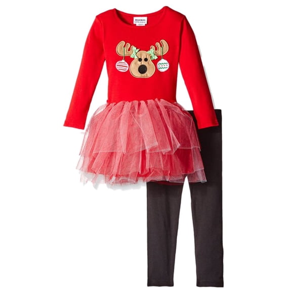 Blueberi Boulevard Girls Reindeer Outfit Red Tulle Tutu Tunic & Leggings Set 4