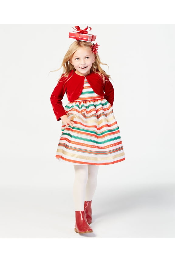 Little Girls 2 Pc. Shrug Striped Dress Set Red 5