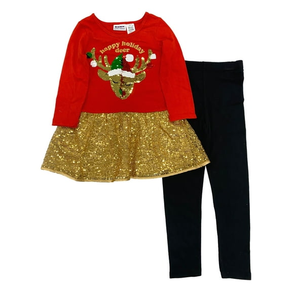 Blueberi Girls Red Flip Sequin Deer Outfit Christmas 2pc Shirt & Leggings Set 6