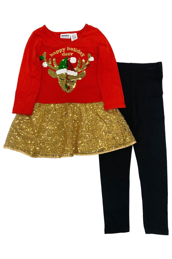 Blueberi Girls Red Flip Sequin Deer Outfit Christmas 2pc Shirt & Leggings Set 6