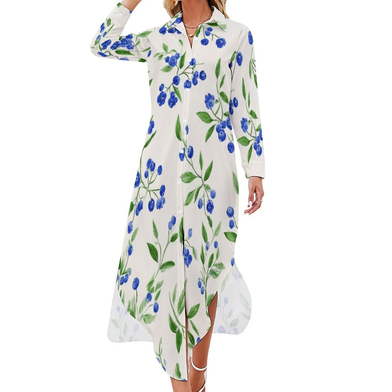 Elegant Lotus Floral Print Shirt Dress for Women – White Midi