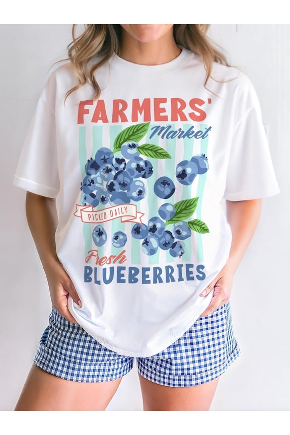 Blueberries Graphic T-Shirt, Farmers Market Fruit Tee, Retro Summer Berry Shirt, Foodie Style Gift for Fruit Lover