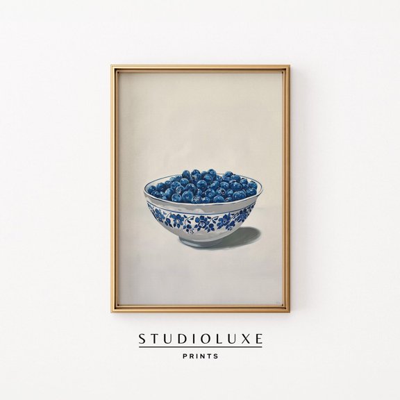 Blueberries Kitchen Wall Art Print, Vintage Chinoiserie Fruit Decor