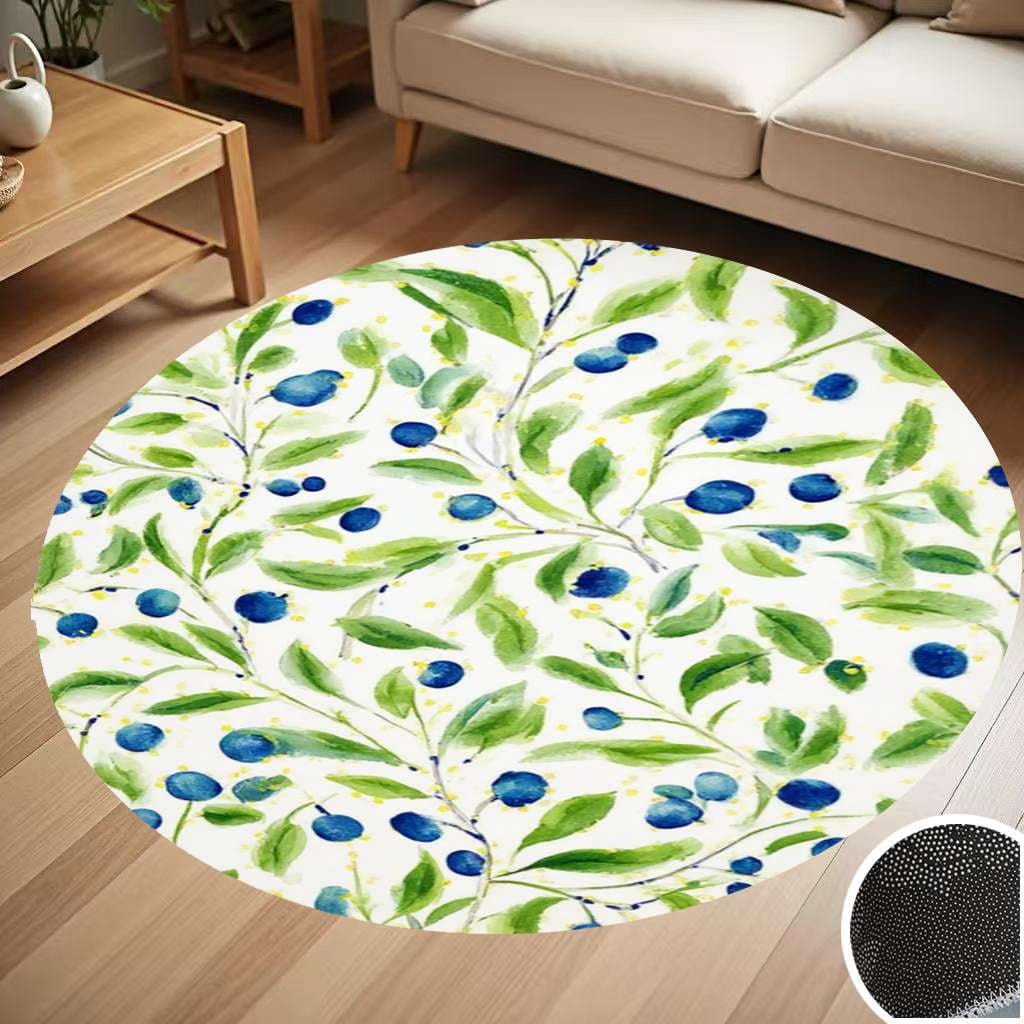 Blueberries Leaves Watercolor Pattern Design Round Carpet Living Room ...