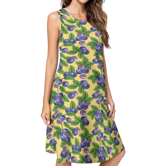 Blueberries Pattern Spring Summer Dresses for Women Fashion T-shirt Dress Casual Sleeveless Loose Sundress with Pockets