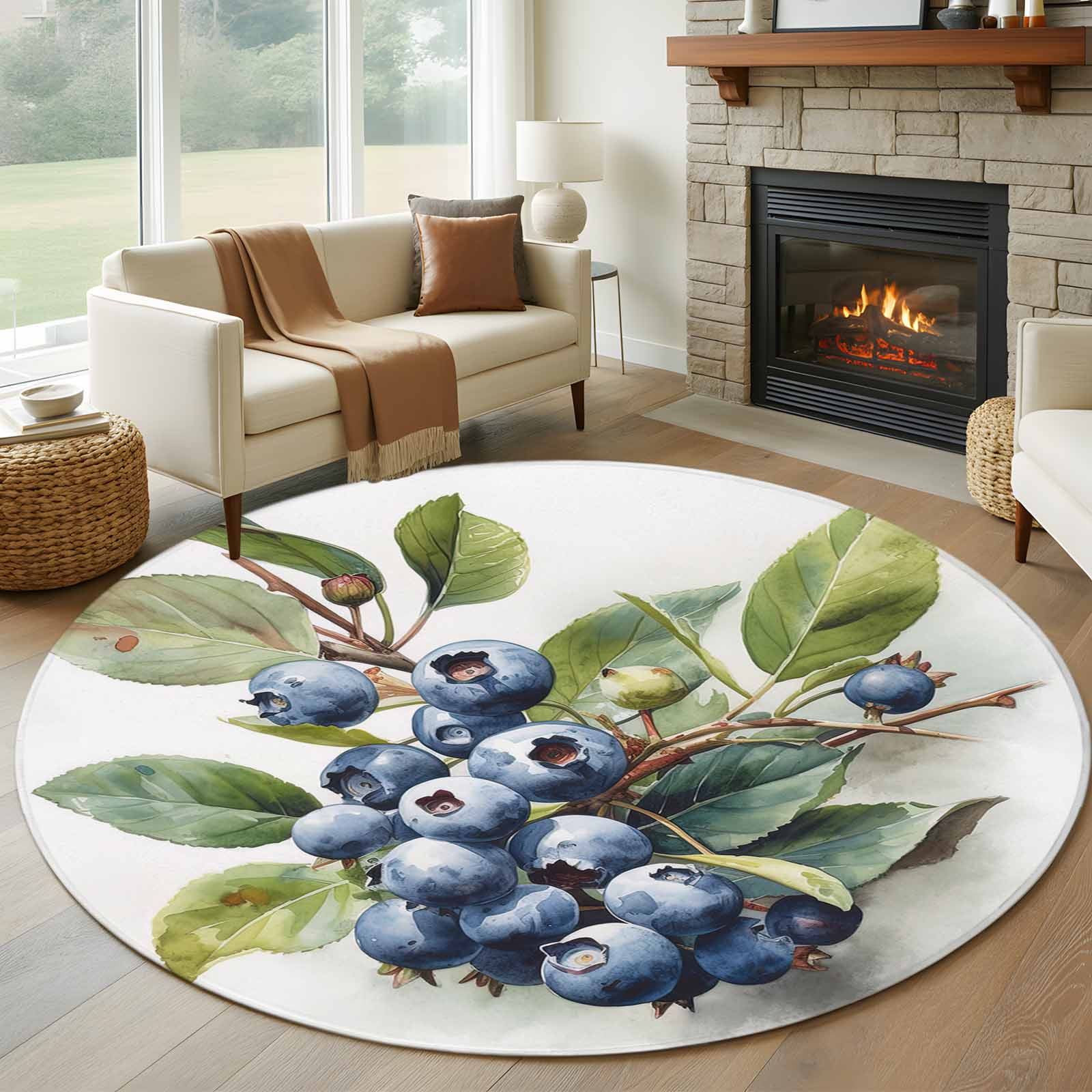 Blueberries Round Area Rug 5 FT, Non Slip Bedroom Rugs, Farmhouse Blue ...