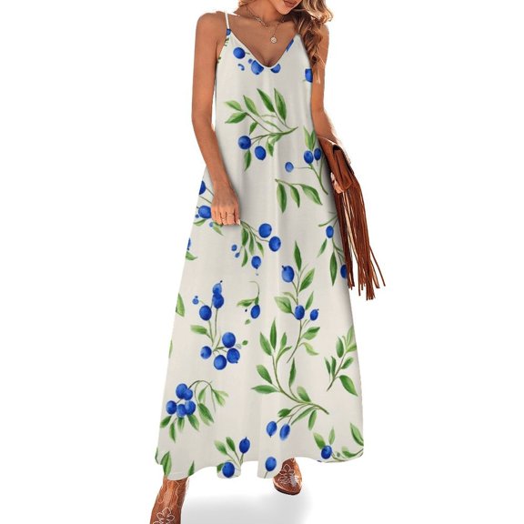 Blueberries Seamless Pattern Repeat Design Sleeveless Suspender Dress Summer Fashion Casual Long Dress
