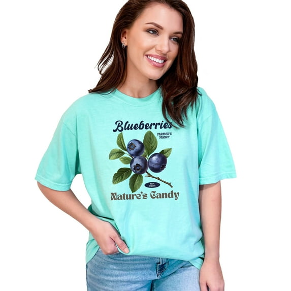 Blueberries T-Shirt Farm Themed Nature's Candy Organic Fruit Graphic Tee Berry Lovers Gift Casual Wear Beach Vacation, Chalky Mint Comfort Colors T-Shirt, XL
