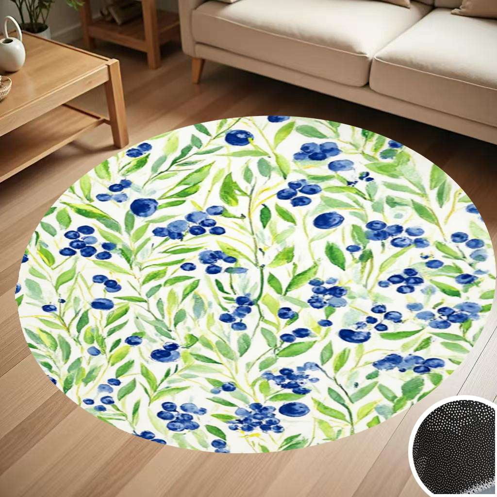 Blueberries Watercolor Leafy Pattern Design Round Carpet Living Room ...