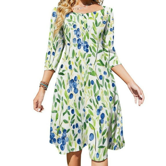 Blueberries Watercolor Leafy Pattern Sweetheart Knot Flared Dress Fashion Design Large Size Loose Dress Spring Summer Women Dress