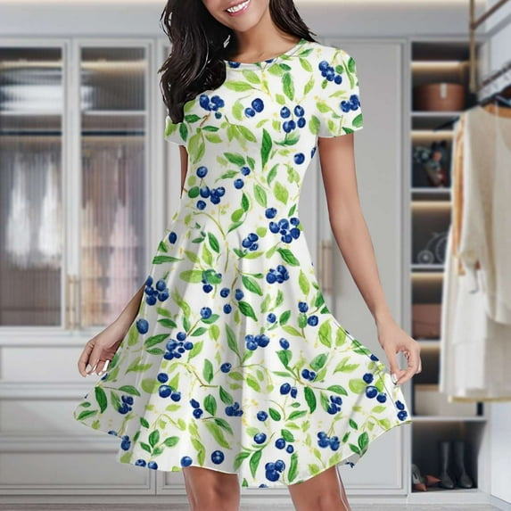 Blueberries White Background Green Leaves Women's Classic Swing Skater Dress Casual Work Party Cocktail Dresses
