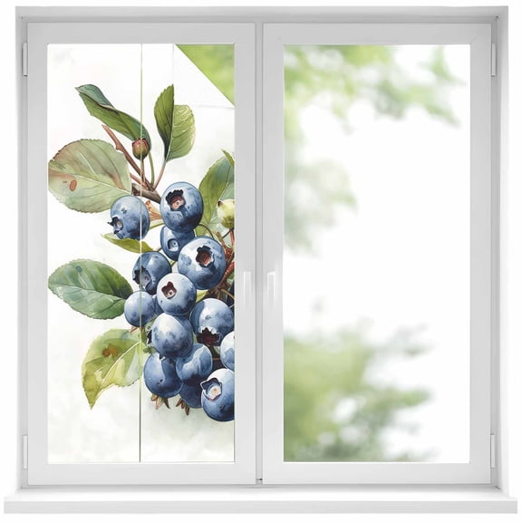 Blueberries Window Privacy Film, Farmhouse Blue Fruits Green Botanical Static Cling UV Sun Blocking Heat Control Window Tint Day and Night, Non-Adhesive One Way Windows Privacy Cover 19.6''x39.3''