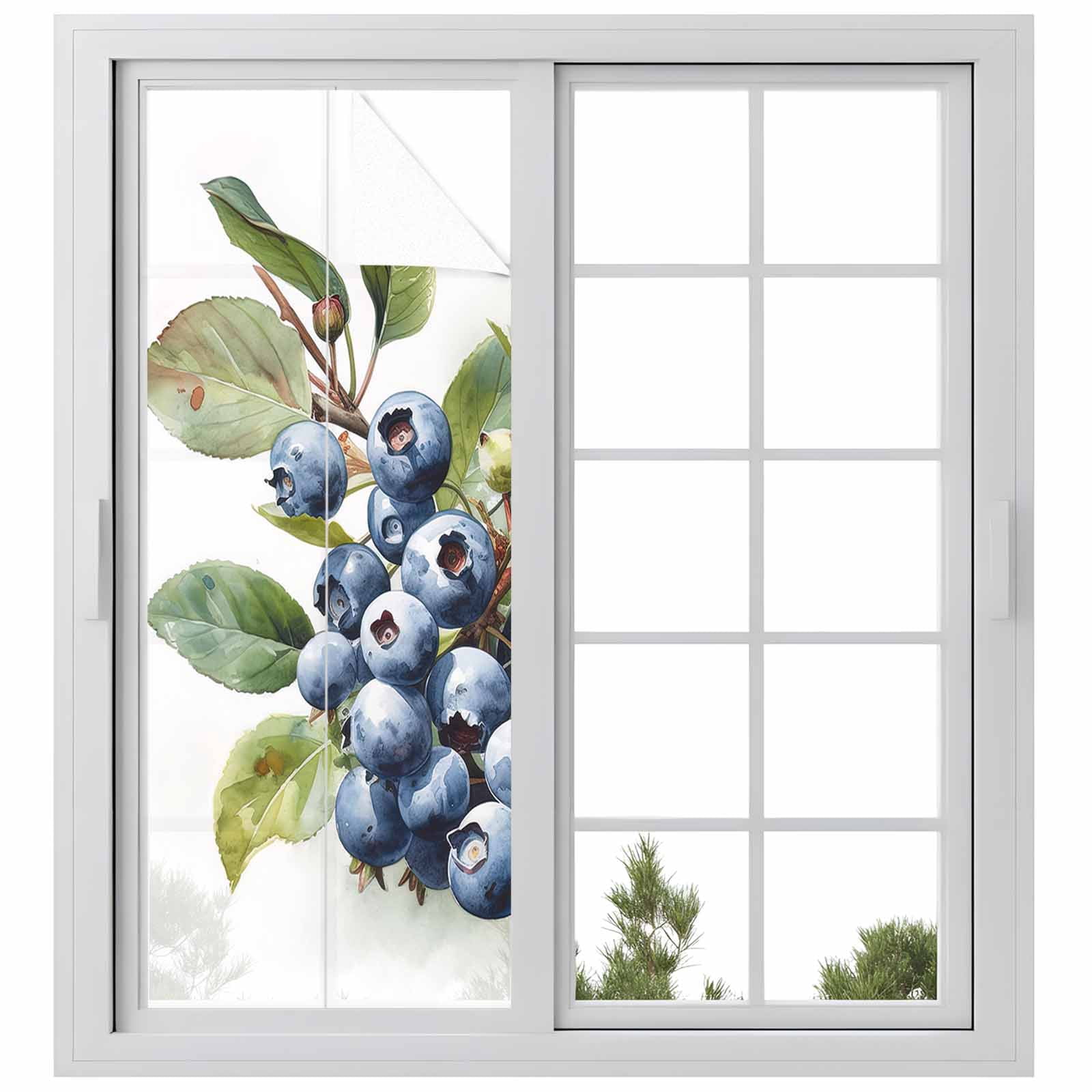 Blueberries Window Privacy Film, Farmhouse Blue Fruits Green Botanical Static Cling UV Sun Blocking Heat Control Window Tint Day and Night, Non-Adhesive One Way Windows Privacy Cover 23.6''x59''