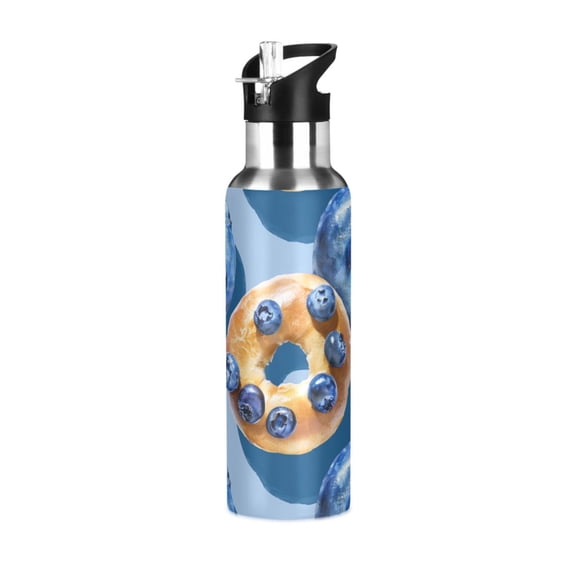 Blueberries and Bagels Sports Bottle with Straw Stainless Steel Water Jug Portable Thermal Cup Leak-proof 600ML