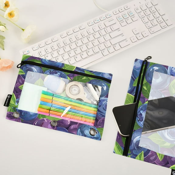 Blueberries and Leaves 2 Pack Pencil Pouches Zipper Pencil Case 3 Ring Pencil Pouch Cosmetic Bag