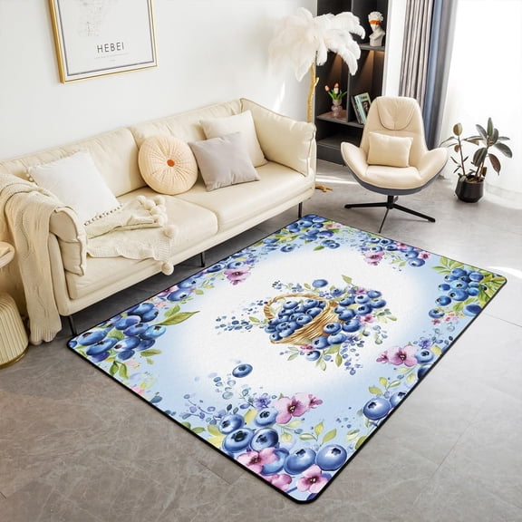 Blueberry Area Rug,Violet Flowers Rustic Romantic Indoor Floor Mat Entrance Rug,Tropical Fruit Hawaii Summer Non Slip Rug,Blue Purple Chairs Couch Living Room Decor 1x2ft