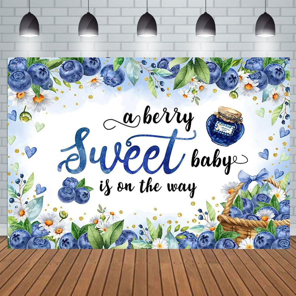 "A Berry Sweet Baby Is On The Way" Banner - Blueberry Theme Baby Shower Decor, Blue Glitter