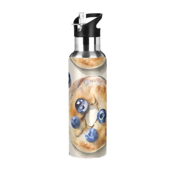 Blueberry Bagels Hand Painted Sports Bottle with Straw Stainless Steel Water Jug Portable Thermal Cup Leak-proof 600ML