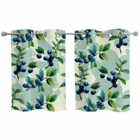 Blueberry Botanical Kitchen Curtains Window Panels, Green Spring Leaves Branches Insulated Window Treatment Curtain, Grommet Curtains for Bedroom/Living Room/Bathroom, 2 Piece 27.5"Wx39"L