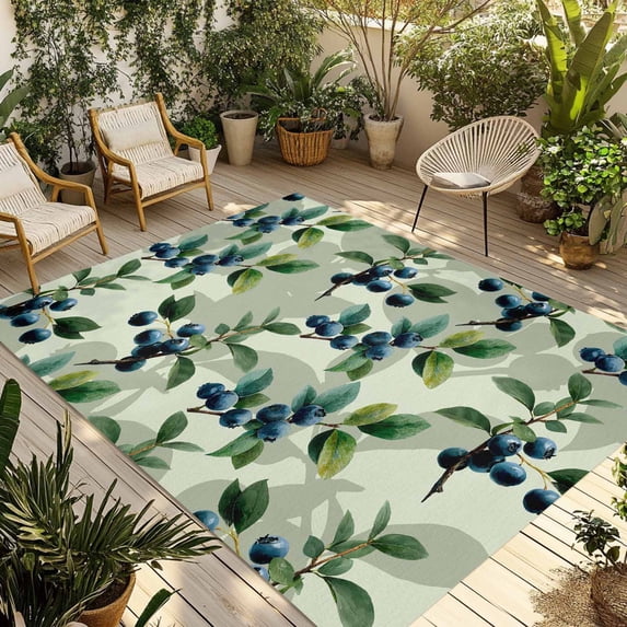 Blueberry Botanical Outdoor Rug for Patio/Deck/Porch, Non-Slip Large Area Rug 4 x 6 Ft, Spring Leaves Branches Farmhouse Indoor Outdoor Rugs Washable Area Rugs, Reversible Camping Rug Carpet Runner
