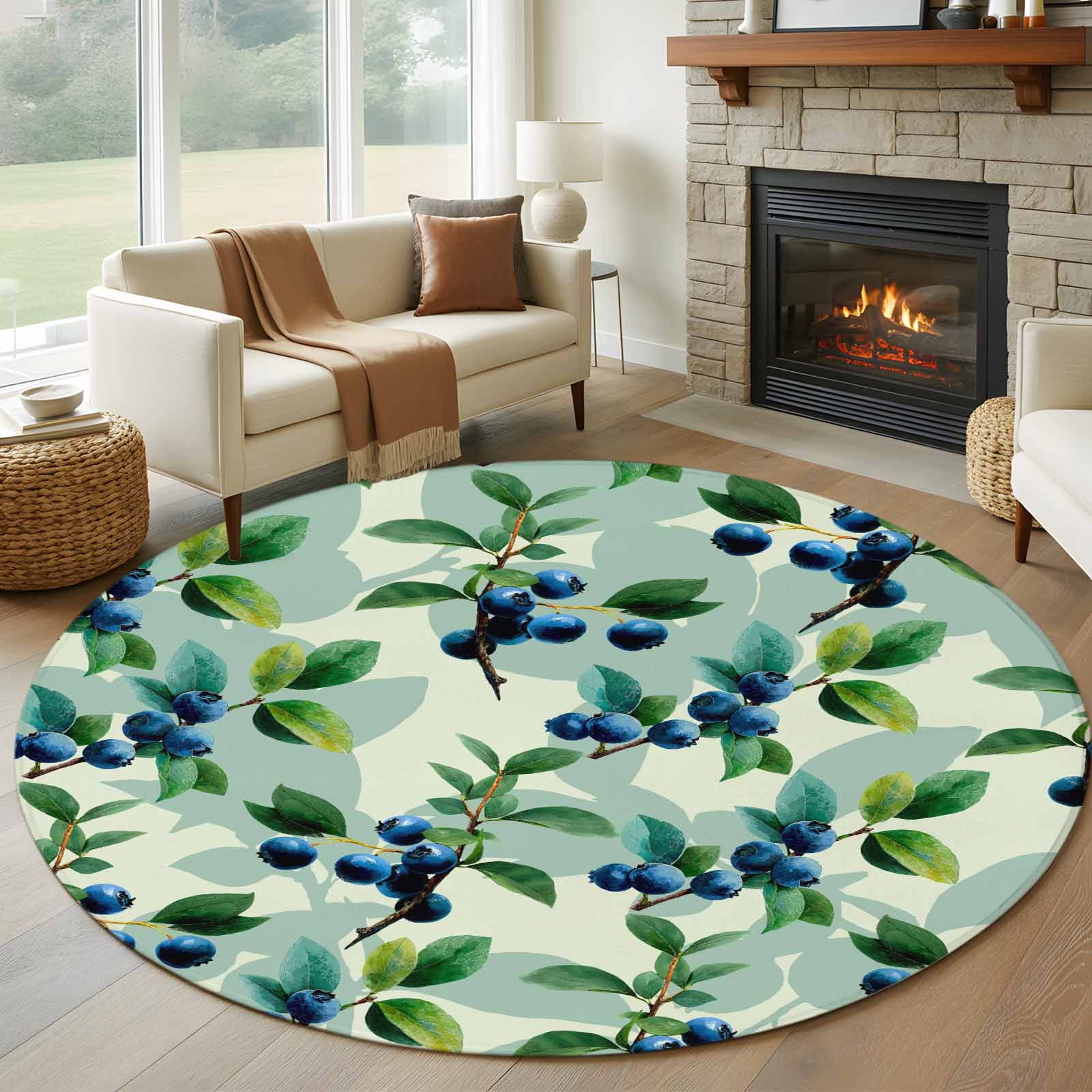 Blueberry Botanical Round Area Rug 5Ft Washable Circle Rugs for Living ...