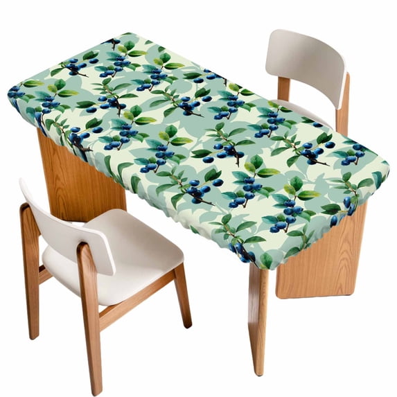 Blueberry Botanical Table Cloths for 5 Foot Rectangle Tables, Green Spring Leaves Branches Patio Waterproof Elastic Fitted Tablecloths, Washable Rectangular Table Cover for Camping